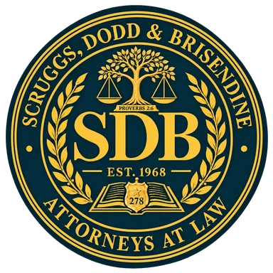 Scruggs, Dodd & Brisendine seal with a tree supporting balanced scales, Proverbs 2:6 at its base, a law book, and police badge 278
